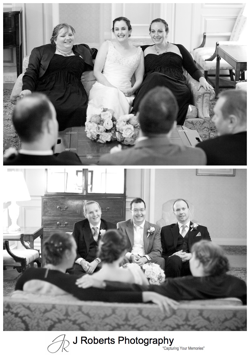 Bridal party relaxing on the couches in the Sir Stamford Circular Quay Sydney - wedding photography sydney